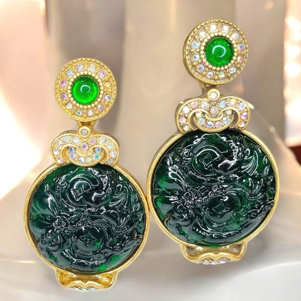 Oversized Gold Emerald Green Asian Dragon Crystal Statement Earrings